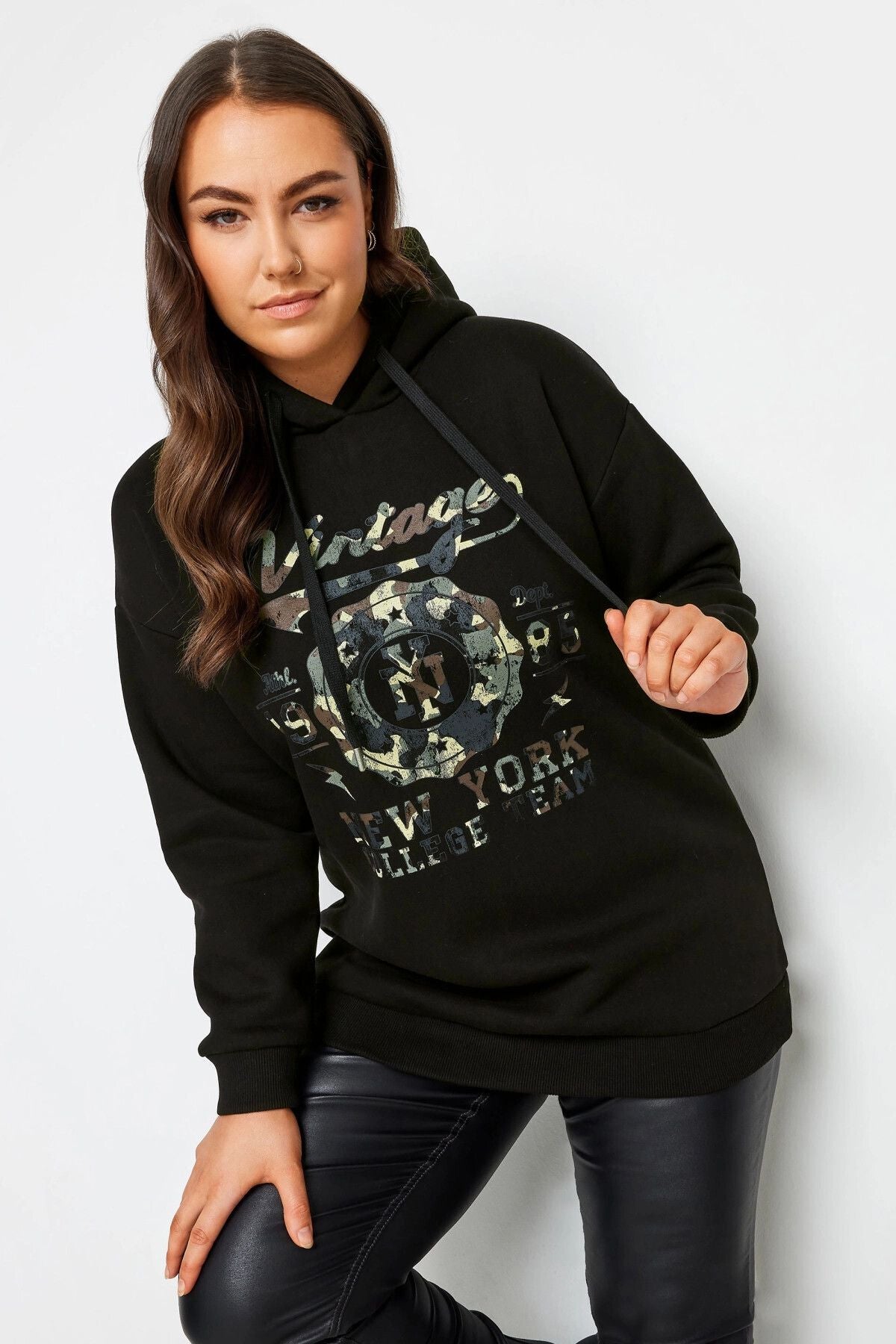 Plus Size Long Sleeve Hooded Sweatshirt with Front Text Print