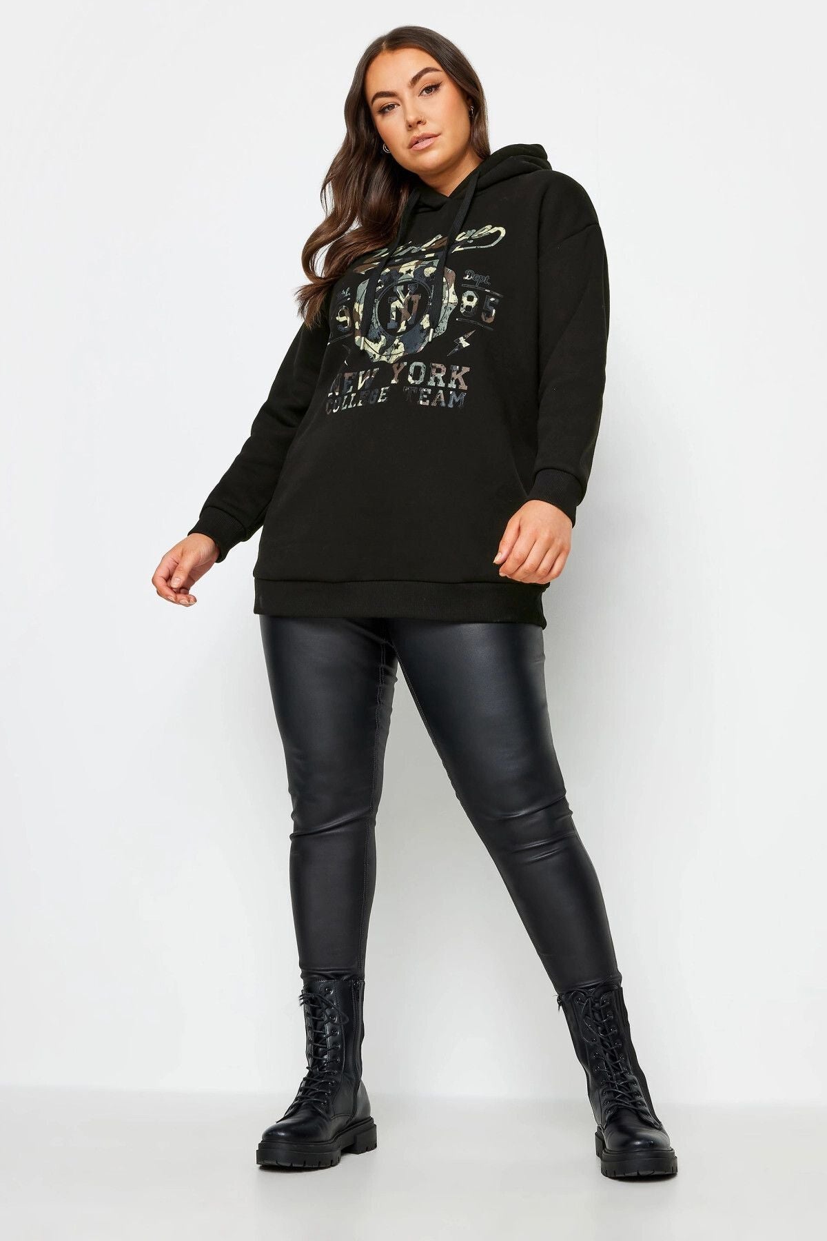 Plus Size Long Sleeve Hooded Sweatshirt with Front Text Print