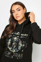 Plus Size Long Sleeve Hooded Sweatshirt with Front Text Print