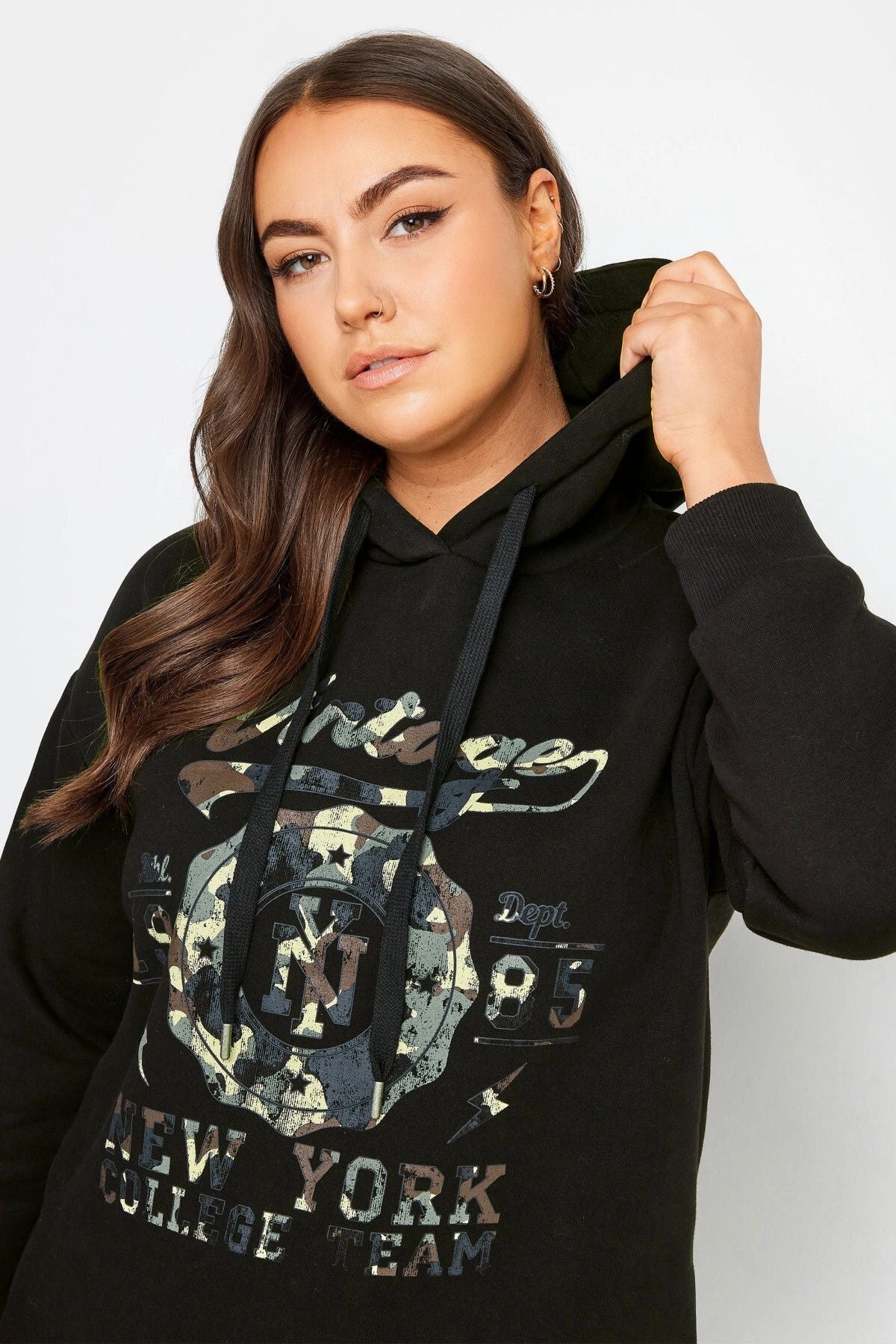 Plus Size Long Sleeve Hooded Sweatshirt with Front Text Print