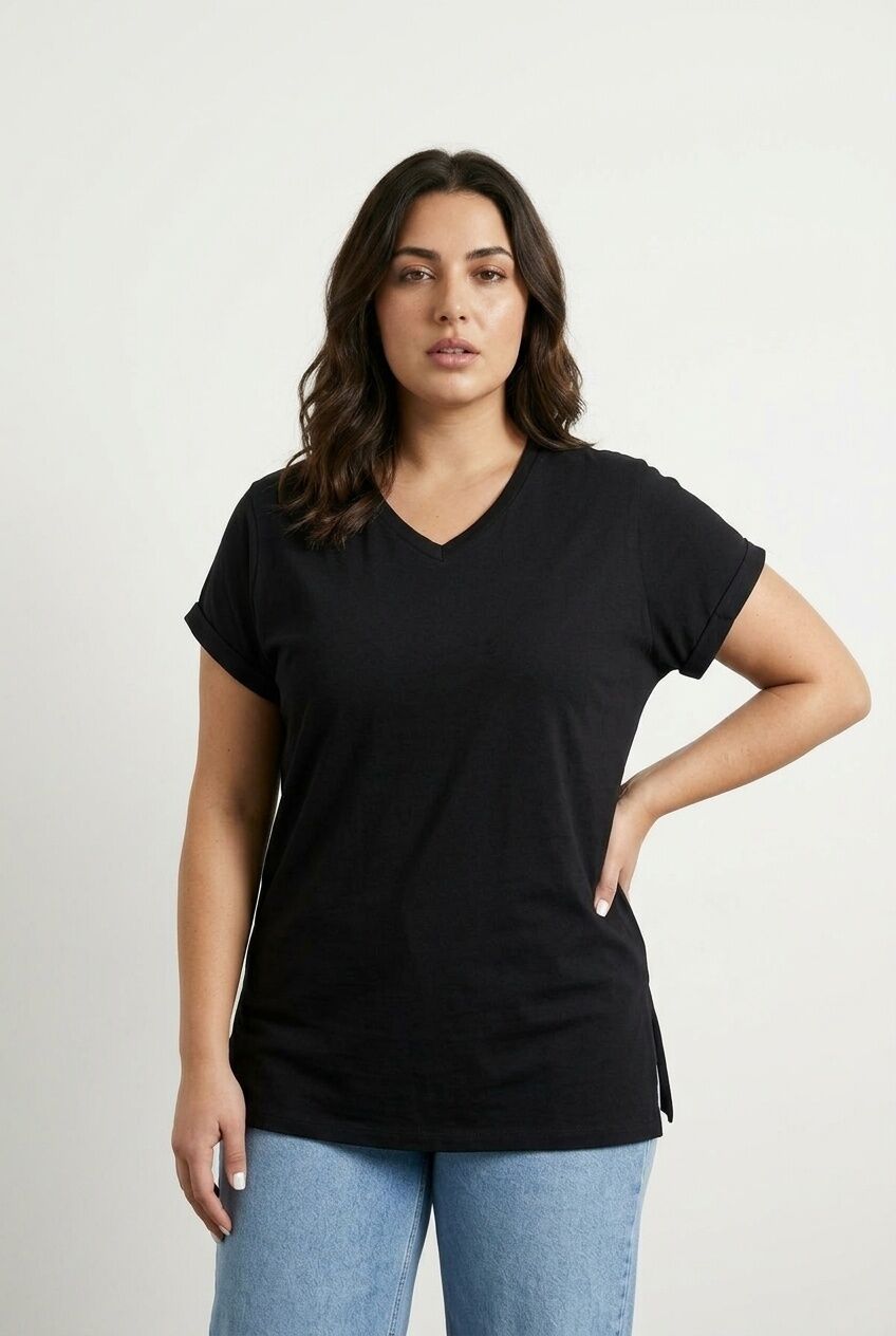 Plus Size Short Sleeve V-Neck Side Slit Basic T-shirt