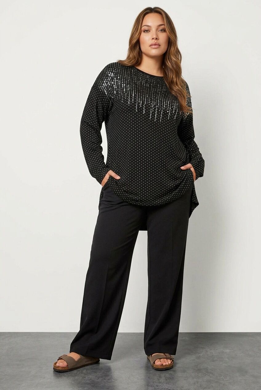 Plus Size Crew Neck Long Sleeve Sequin Embellished Blouse