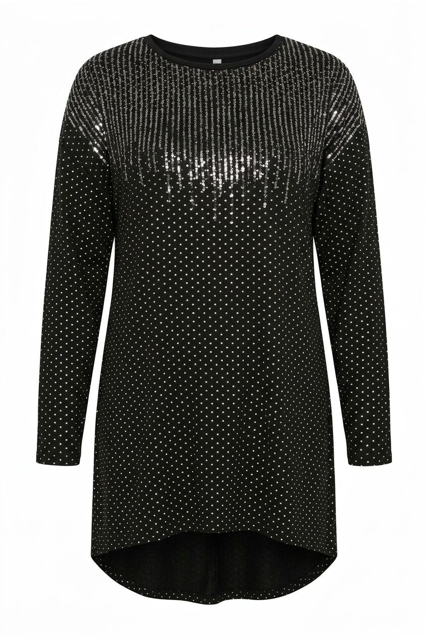 Plus Size Crew Neck Long Sleeve Sequin Embellished Blouse