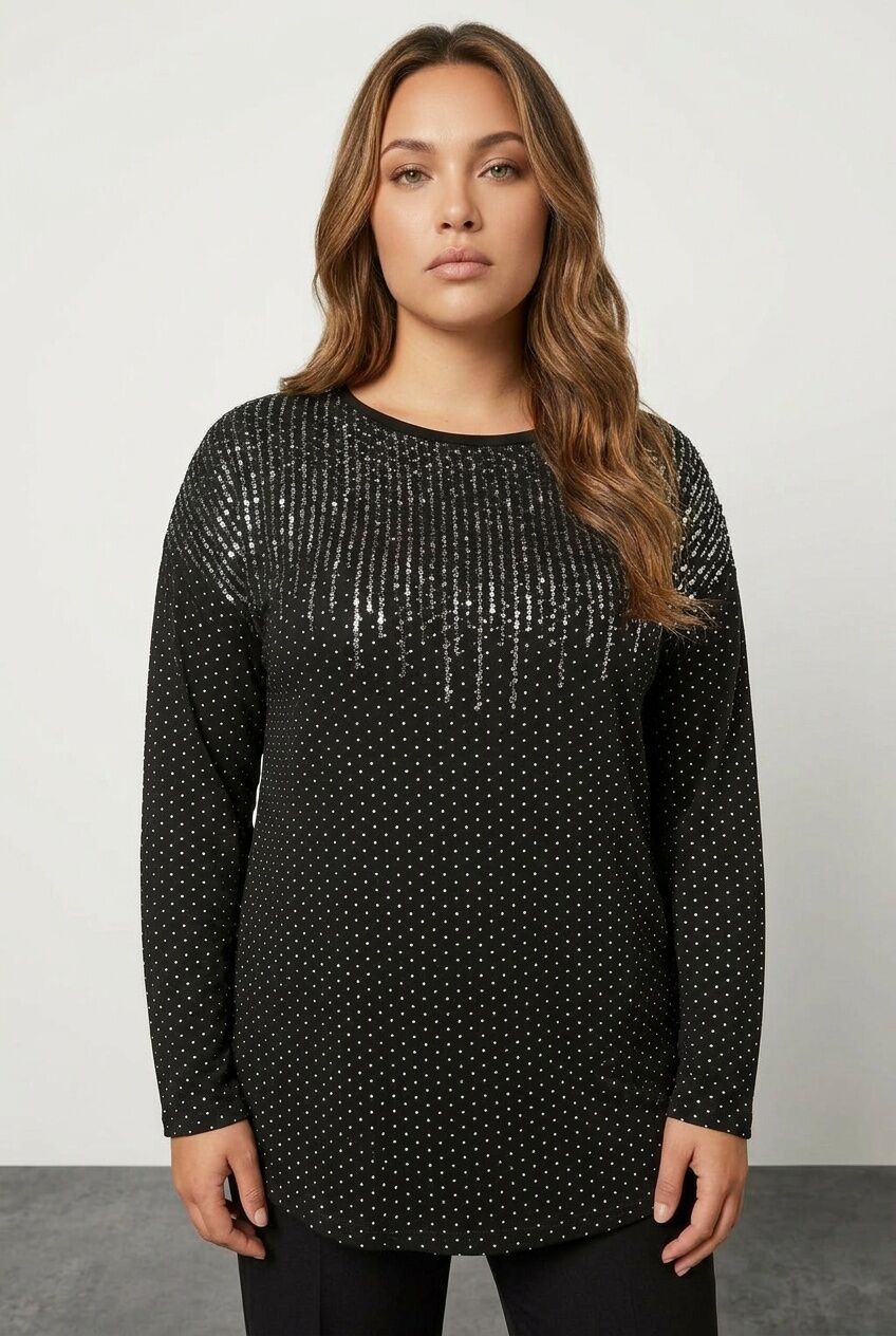 Plus Size Crew Neck Long Sleeve Sequin Embellished Blouse