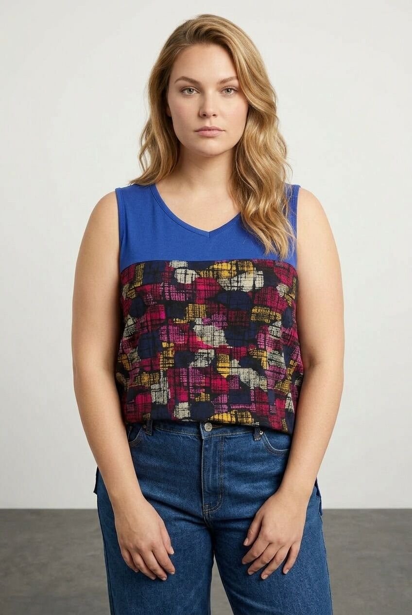 Plus Size Sleeveless V-Neck Patterned Lycra Blouse