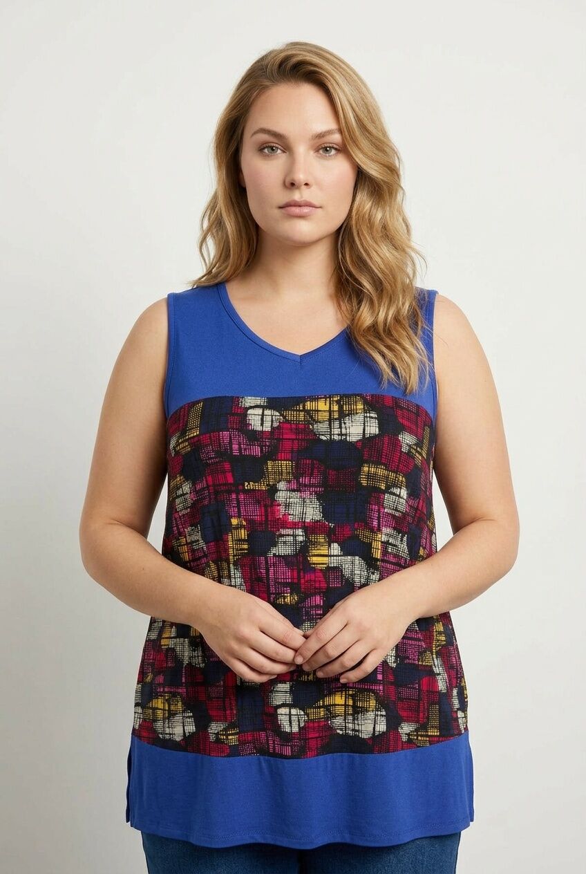 Plus Size Sleeveless V-Neck Patterned Lycra Blouse