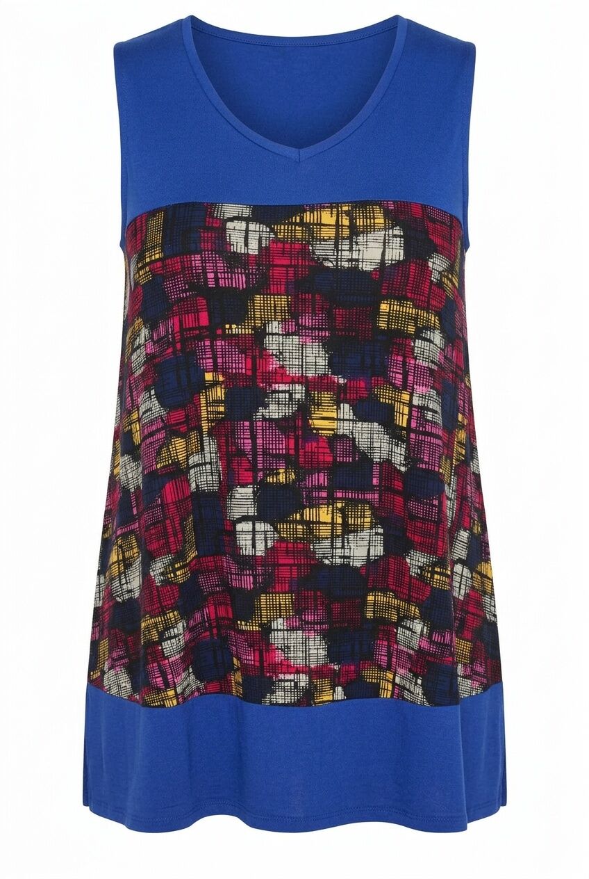Plus Size Sleeveless V-Neck Patterned Lycra Blouse