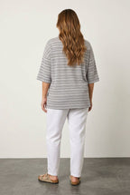 Plus Size Crew Neck Three-Quarter Sleeve Striped T-shirt with Slit Detail