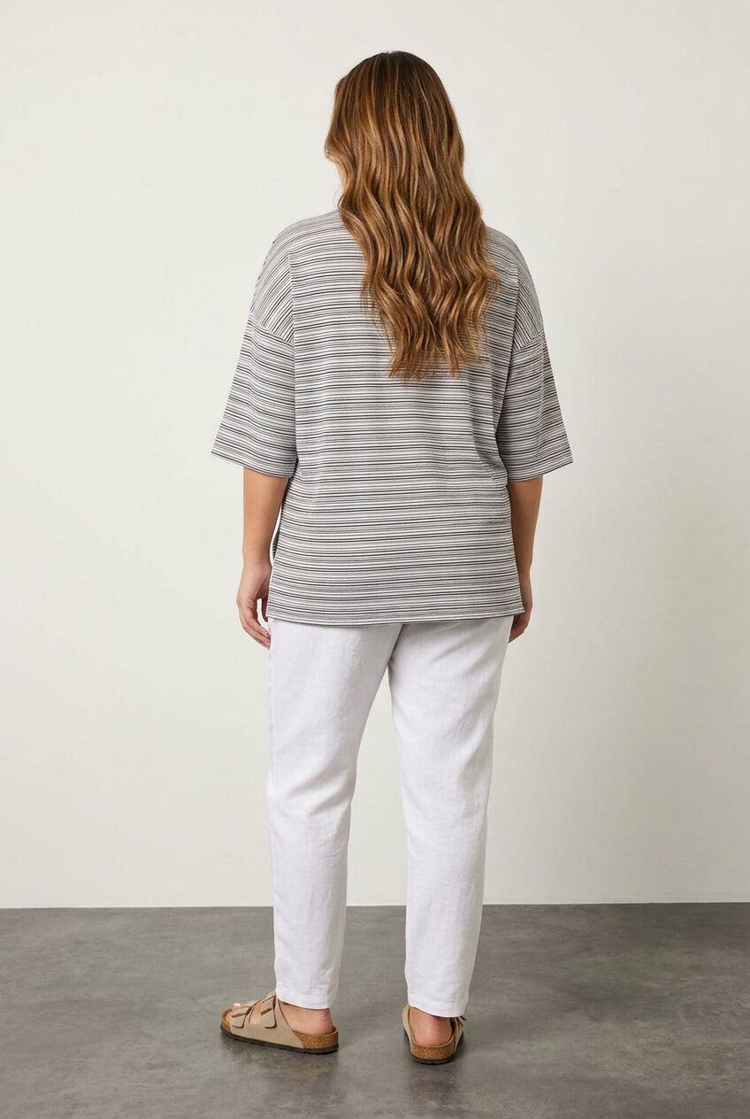Plus Size Crew Neck Three-Quarter Sleeve Striped T-shirt with Slit Detail