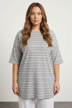 Plus Size Crew Neck Three-Quarter Sleeve Striped T-shirt with Slit Detail