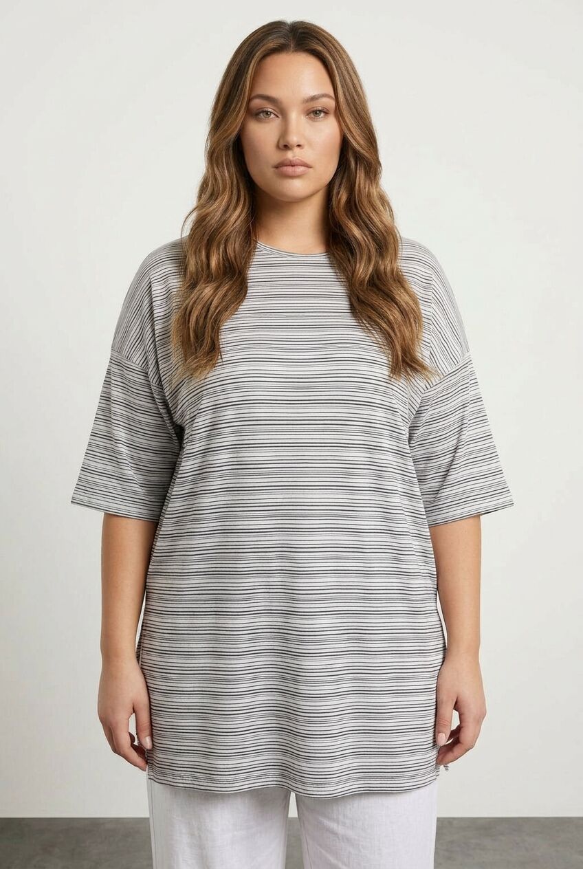 Plus Size Crew Neck Three-Quarter Sleeve Striped T-shirt with Slit Detail