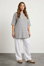 Plus Size Crew Neck Three-Quarter Sleeve Striped T-shirt with Slit Detail