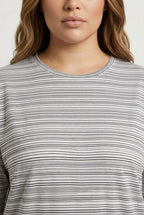 Plus Size Crew Neck Three-Quarter Sleeve Striped T-shirt with Slit Detail