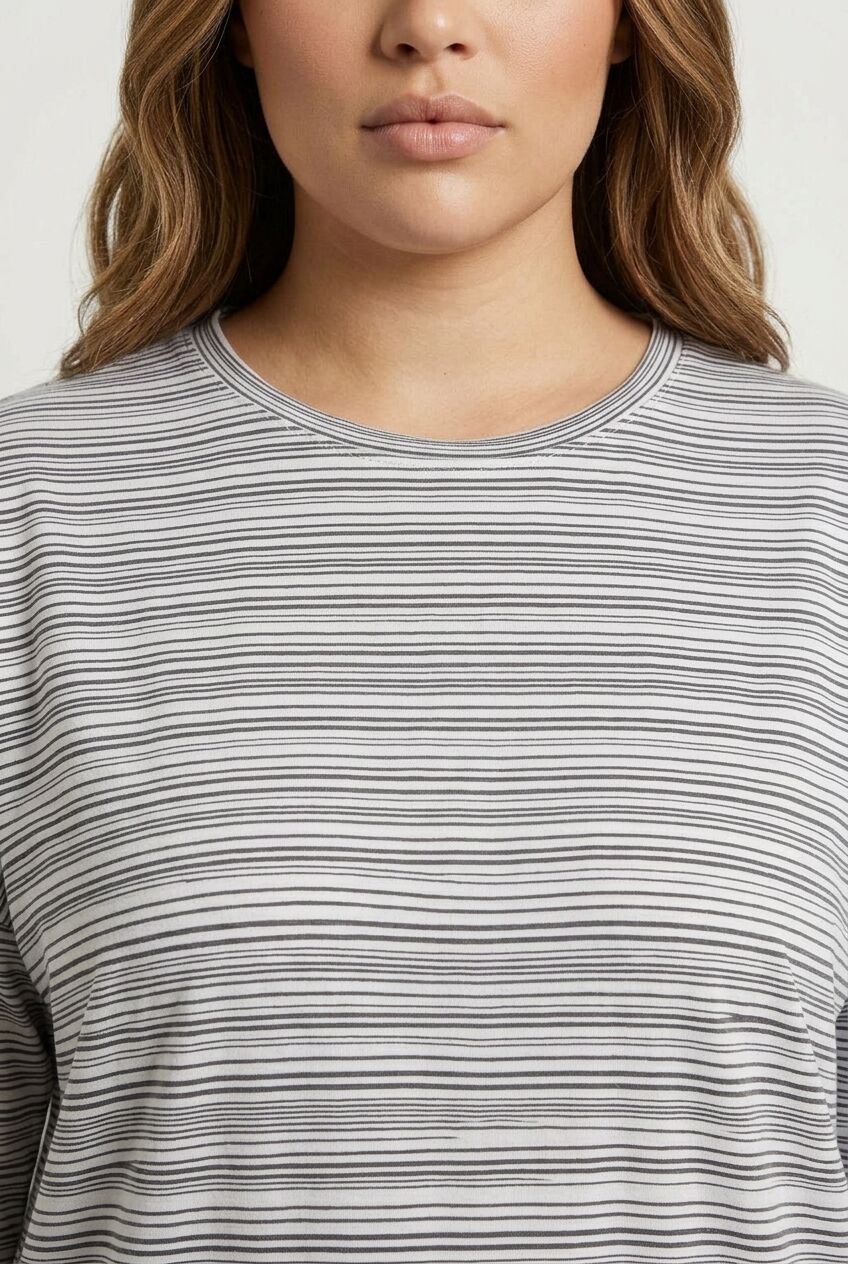 Plus Size Crew Neck Three-Quarter Sleeve Striped T-shirt with Slit Detail
