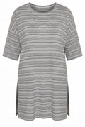 Plus Size Crew Neck Three-Quarter Sleeve Striped T-shirt with Slit Detail
