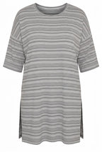 Plus Size Crew Neck Three-Quarter Sleeve Striped T-shirt with Slit Detail