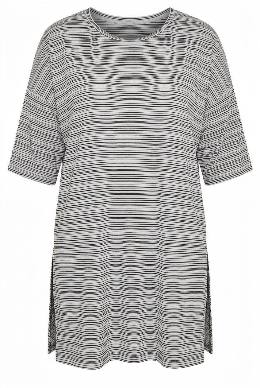 Plus Size Crew Neck Three-Quarter Sleeve Striped T-shirt with Slit Detail