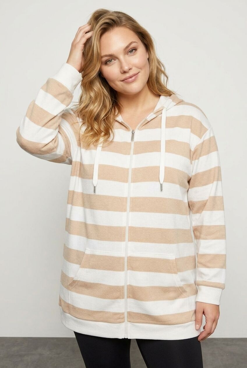 Plus Size Hooded Zippered Striped Long Sleeve Sweatshirt