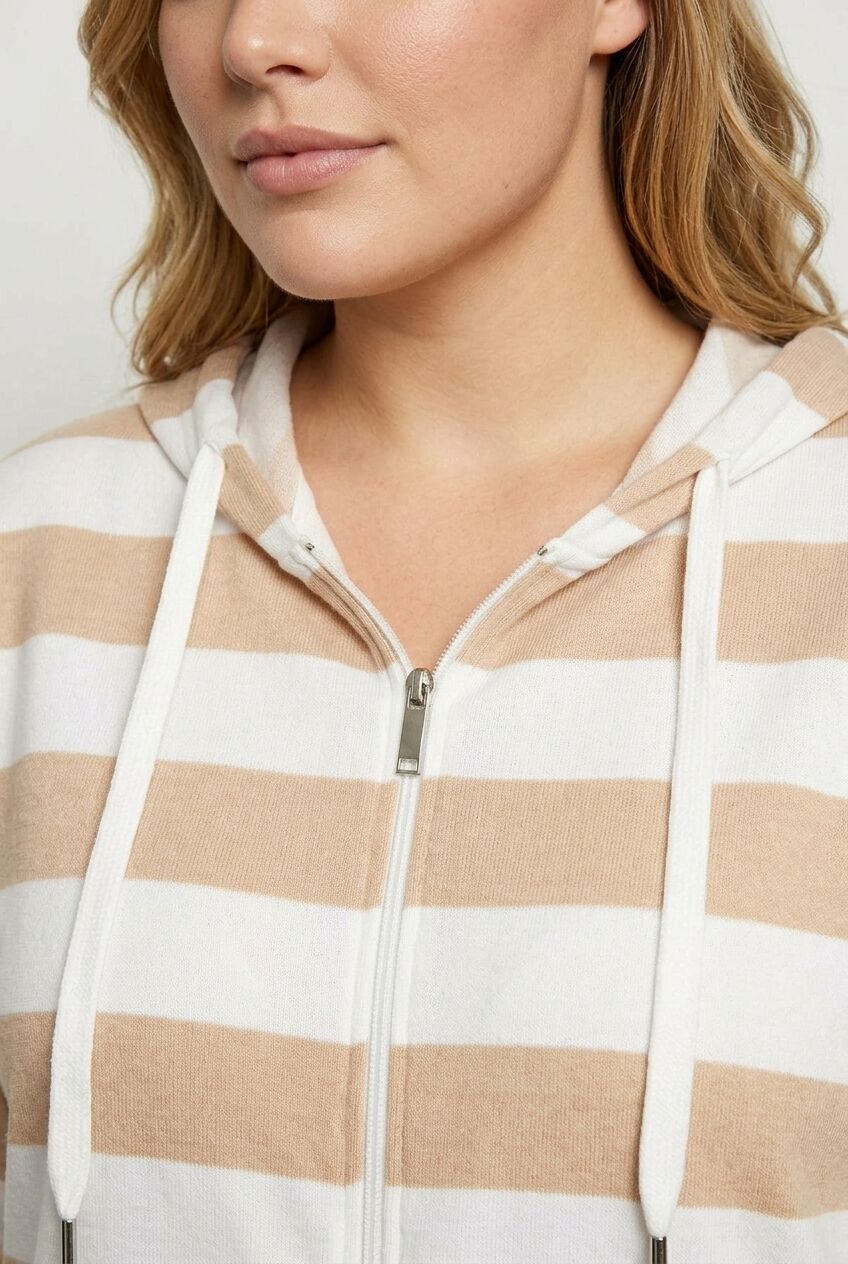 Plus Size Hooded Zippered Striped Long Sleeve Sweatshirt