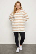 Plus Size Hooded Zippered Striped Long Sleeve Sweatshirt