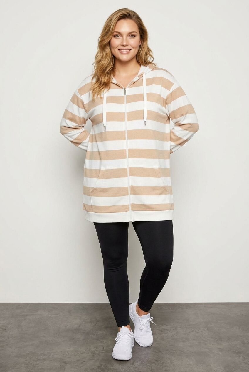 Plus Size Hooded Zippered Striped Long Sleeve Sweatshirt