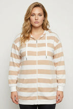Plus Size Hooded Zippered Striped Long Sleeve Sweatshirt