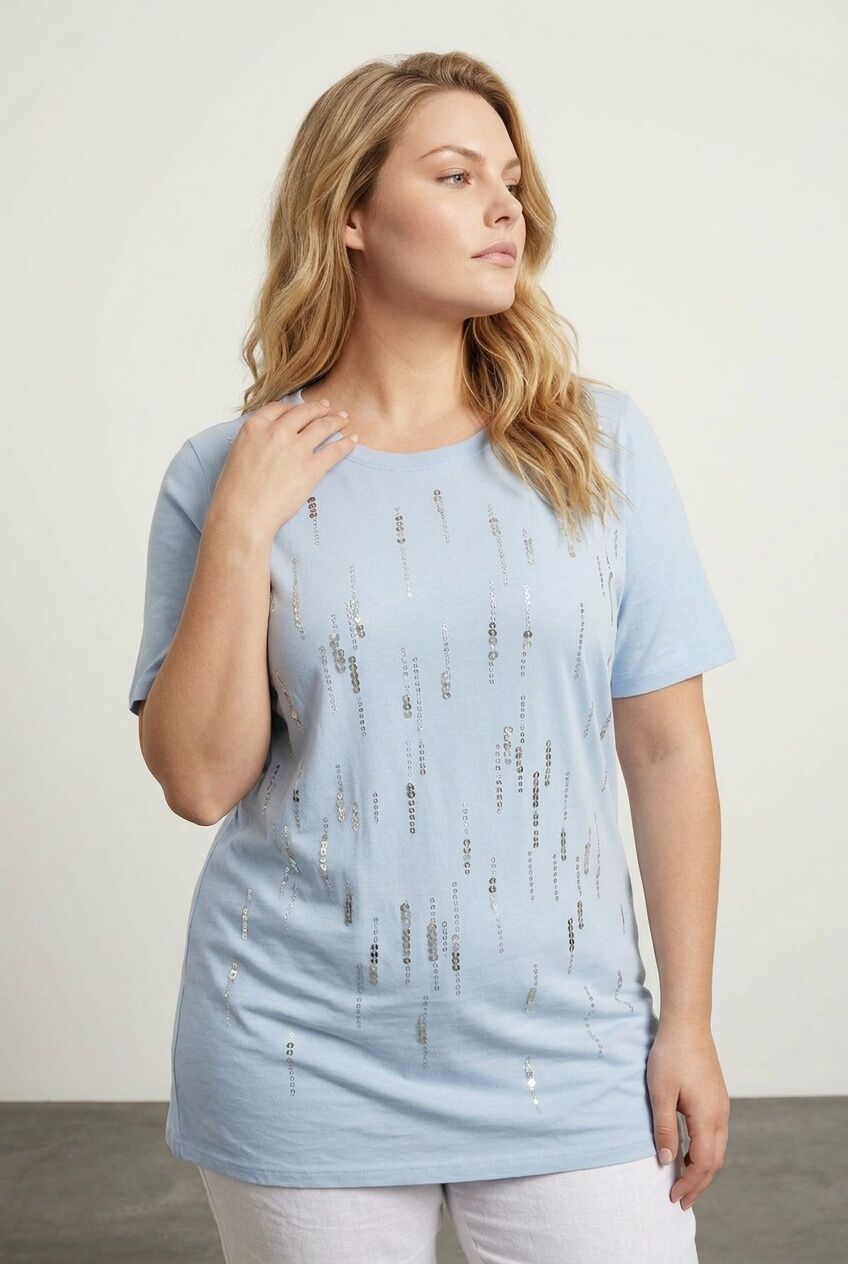 Plus Size Crew Neck Sequin Embellished Short Sleeve T-shirt
