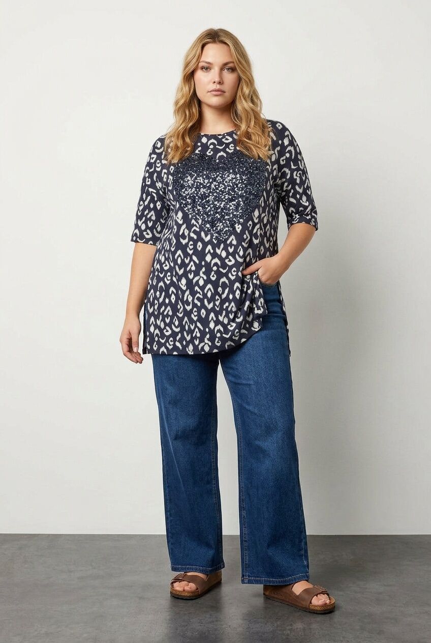 Plus Size Crew Neck Sequin Embellished Blouse with Slit Detail