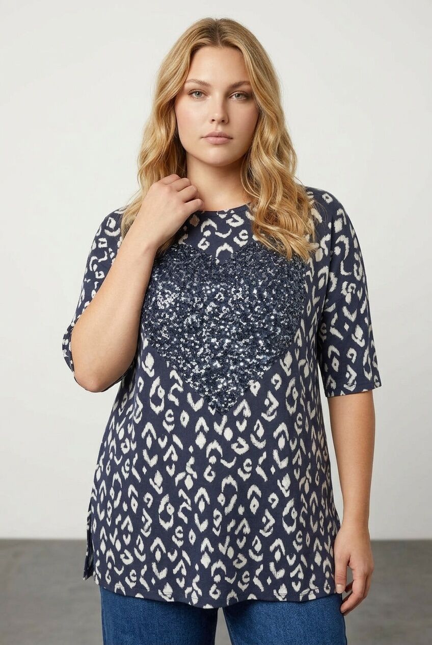 Plus Size Crew Neck Sequin Embellished Blouse with Slit Detail