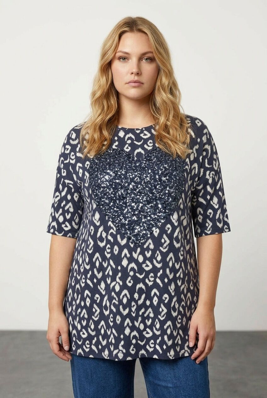 Plus Size Crew Neck Sequin Embellished Blouse with Slit Detail