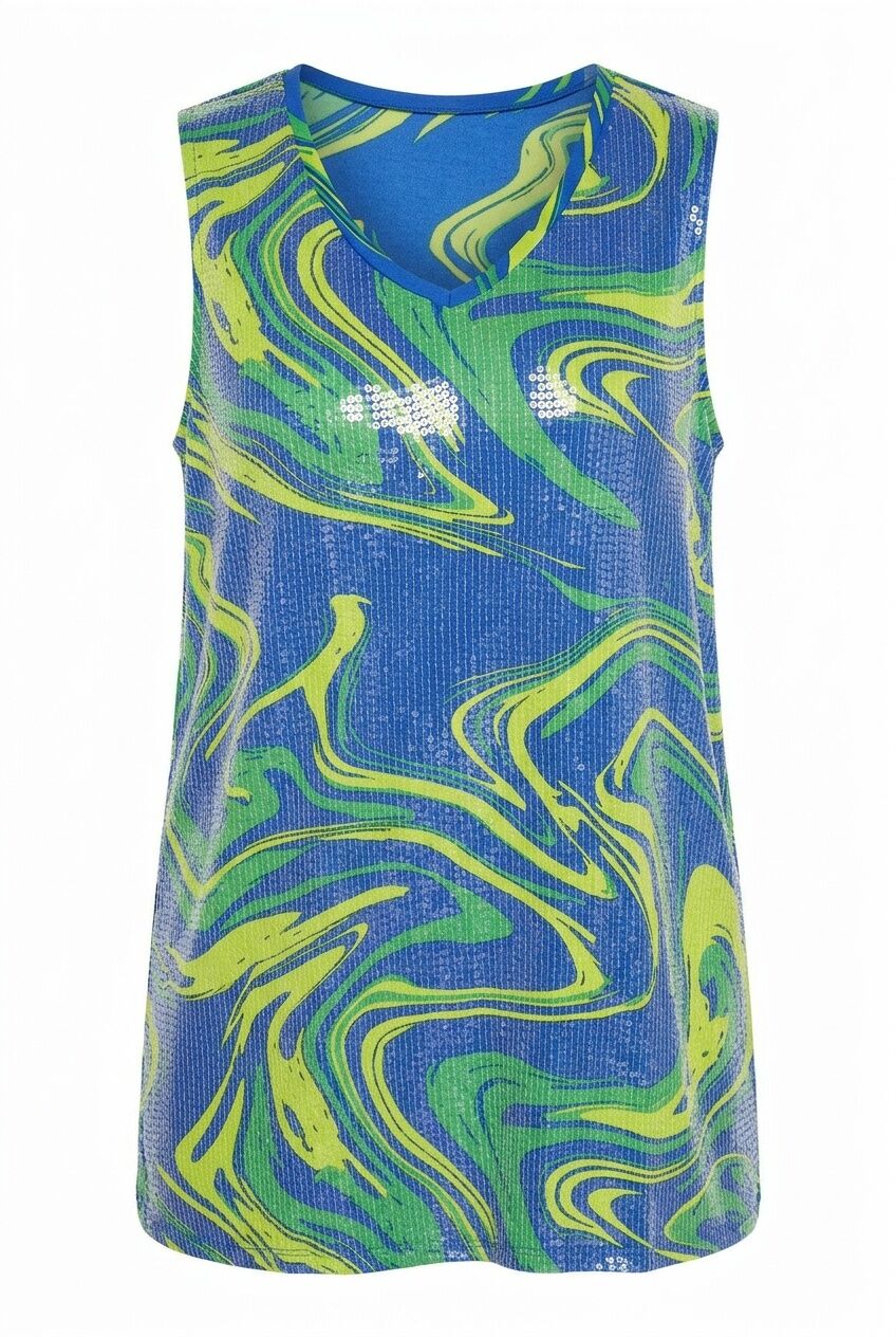 Plus Size V-Neck Patterned Sequin Embellished Sleeveless Blouse