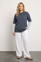 Plus Size Crew Neck Double Layered Striped T-shirt