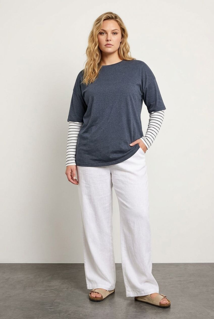 Plus Size Crew Neck Double Layered Striped T-shirt