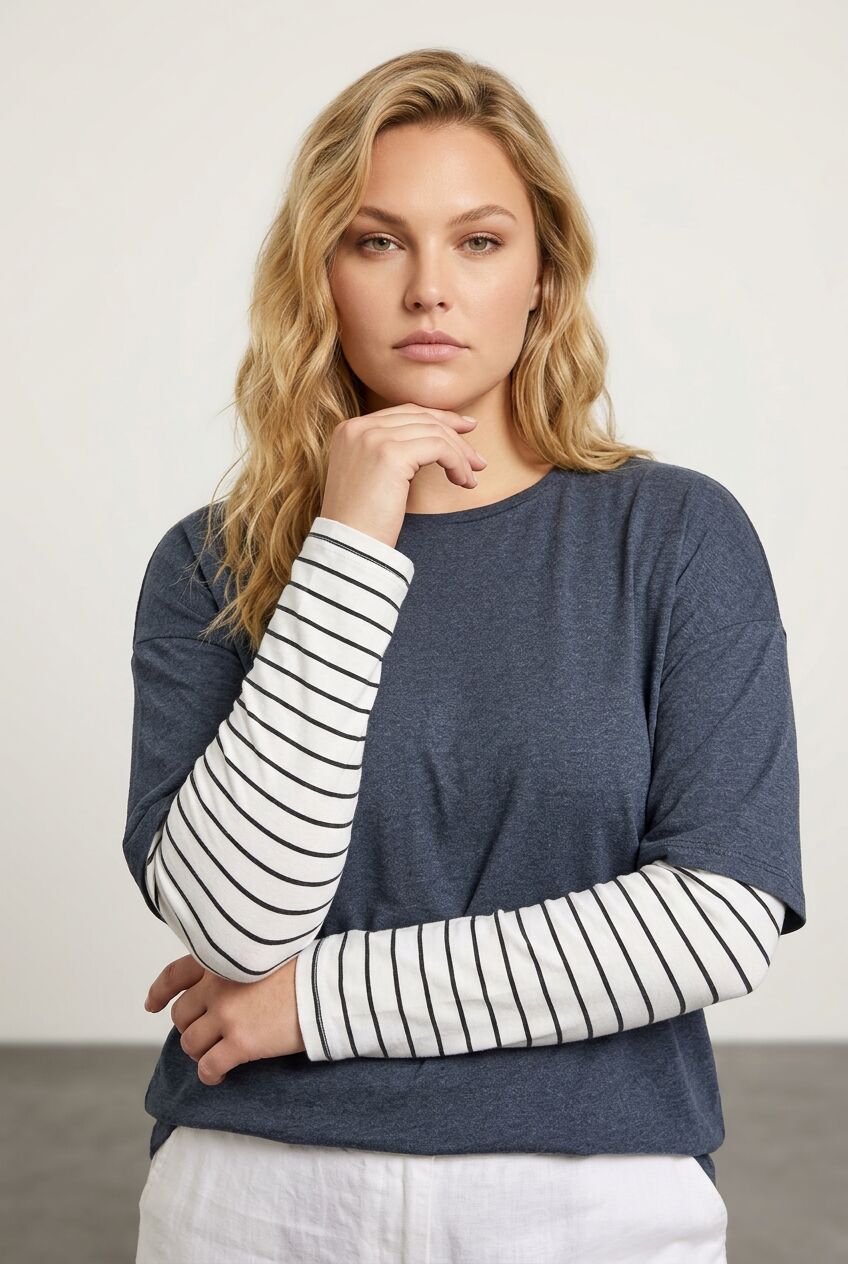Plus Size Crew Neck Double Layered Striped T-shirt