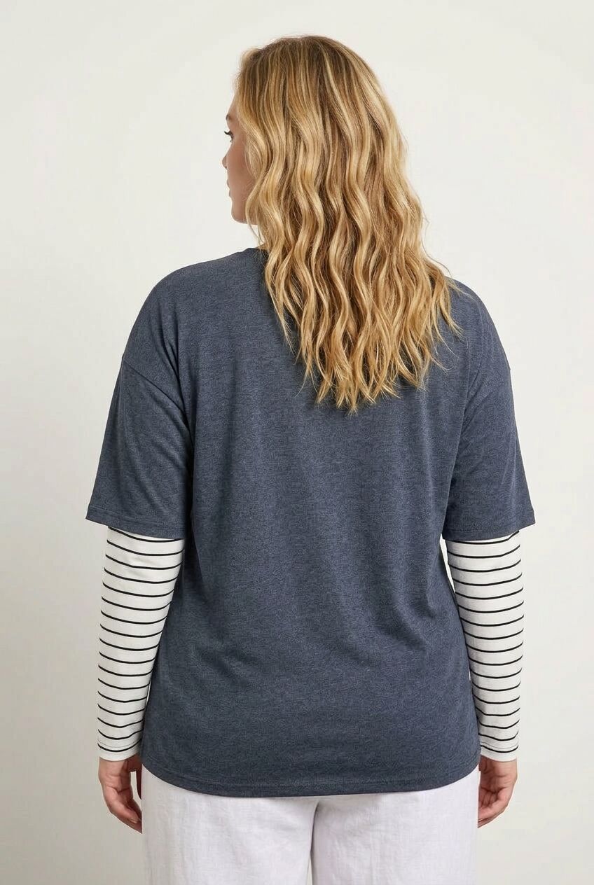 Plus Size Crew Neck Double Layered Striped T-shirt