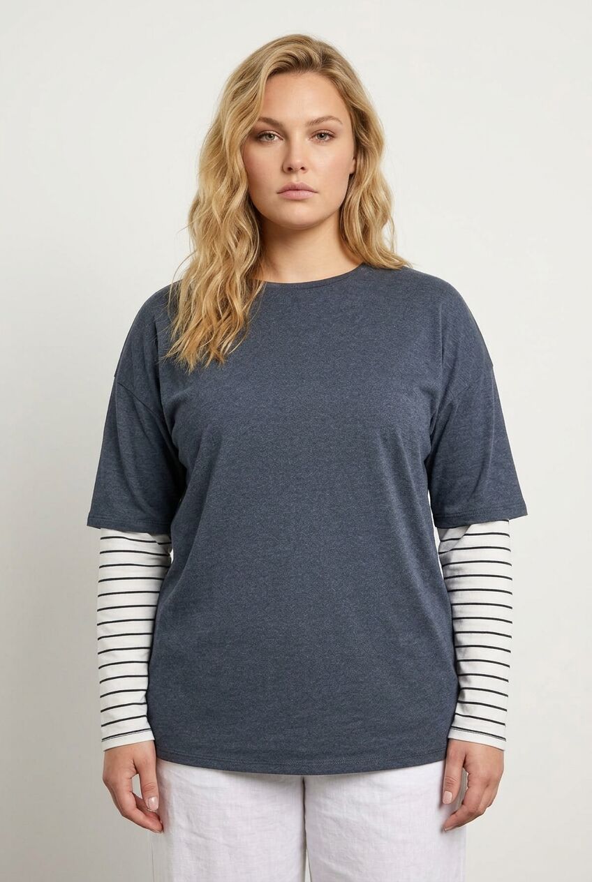 Plus Size Crew Neck Double Layered Striped T-shirt