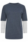 Plus Size Crew Neck Double Layered Striped T-shirt