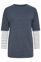 Plus Size Crew Neck Double Layered Striped T-shirt