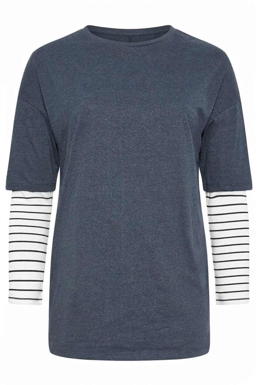 Plus Size Crew Neck Double Layered Striped T-shirt
