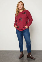 Plus Size Crew Neck Long Sleeve Star Print Soft Textured Sweater