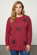 Plus Size Crew Neck Long Sleeve Star Print Soft Textured Sweater