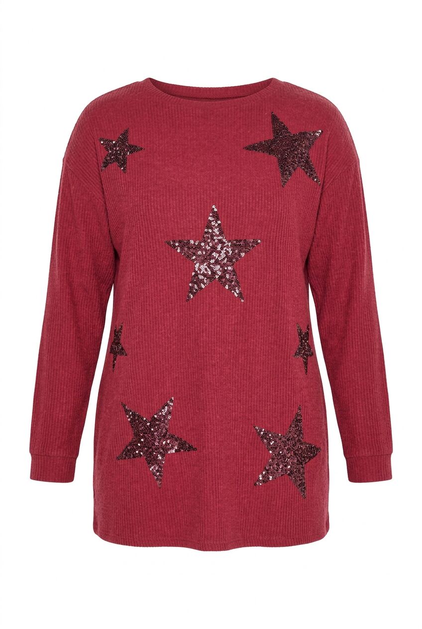 Plus Size Crew Neck Long Sleeve Star Print Soft Textured Sweater