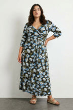 Plus Size Floral Print Belted Wrap Neck Long Dress