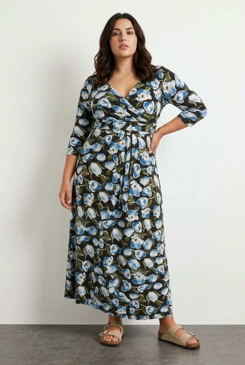 Plus Size Floral Print Belted Wrap Neck Long Dress