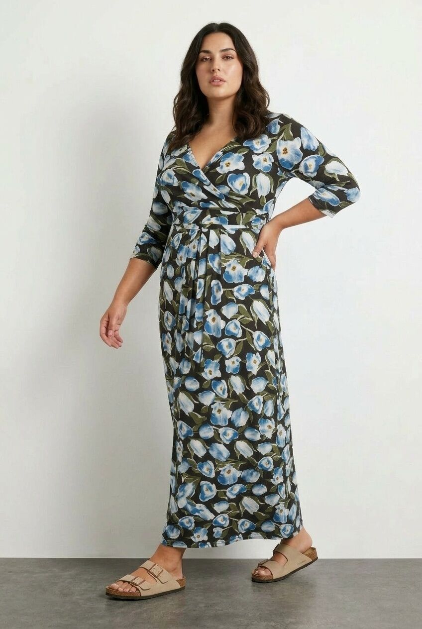 Plus Size Floral Print Belted Wrap Neck Long Dress