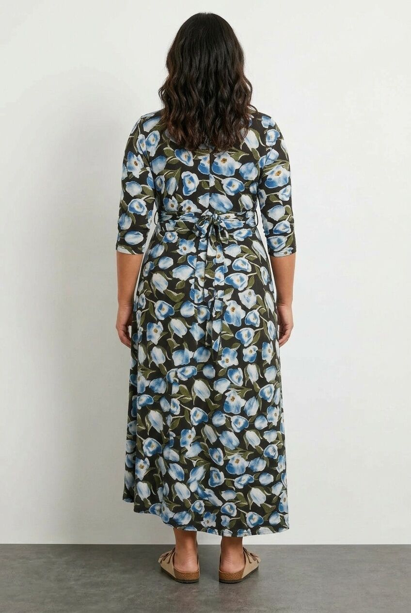 Plus Size Floral Print Belted Wrap Neck Long Dress