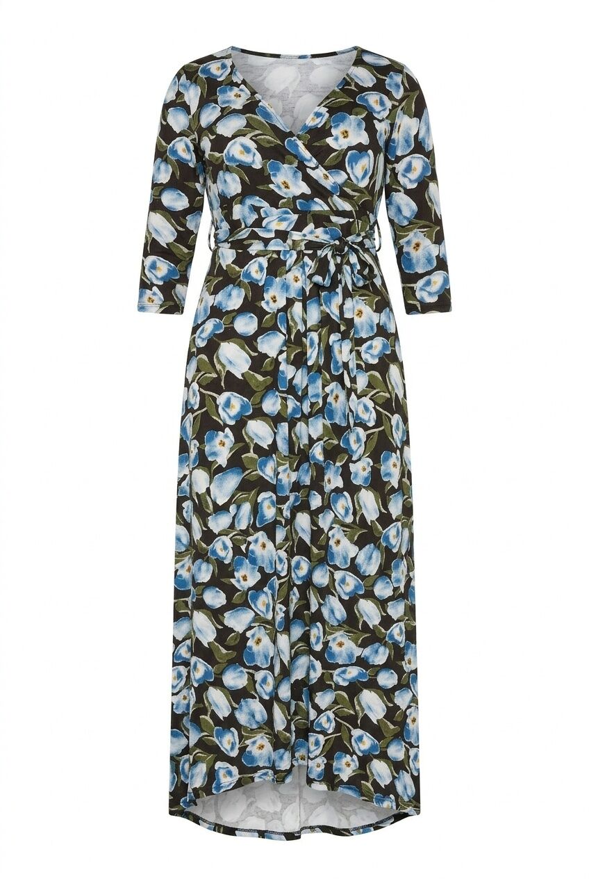 Plus Size Floral Print Belted Wrap Neck Long Dress