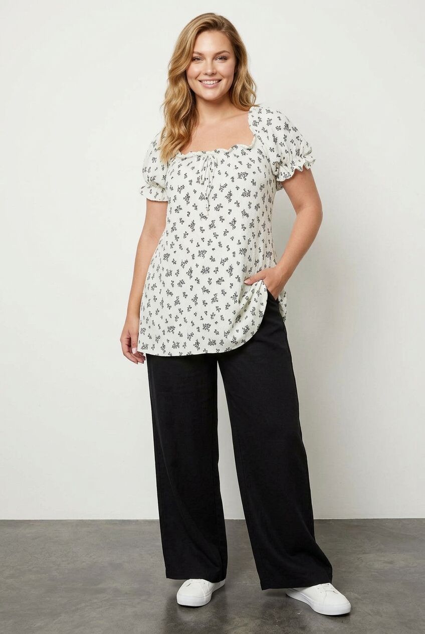 Floral Patterned Textured Ruffled Blouse