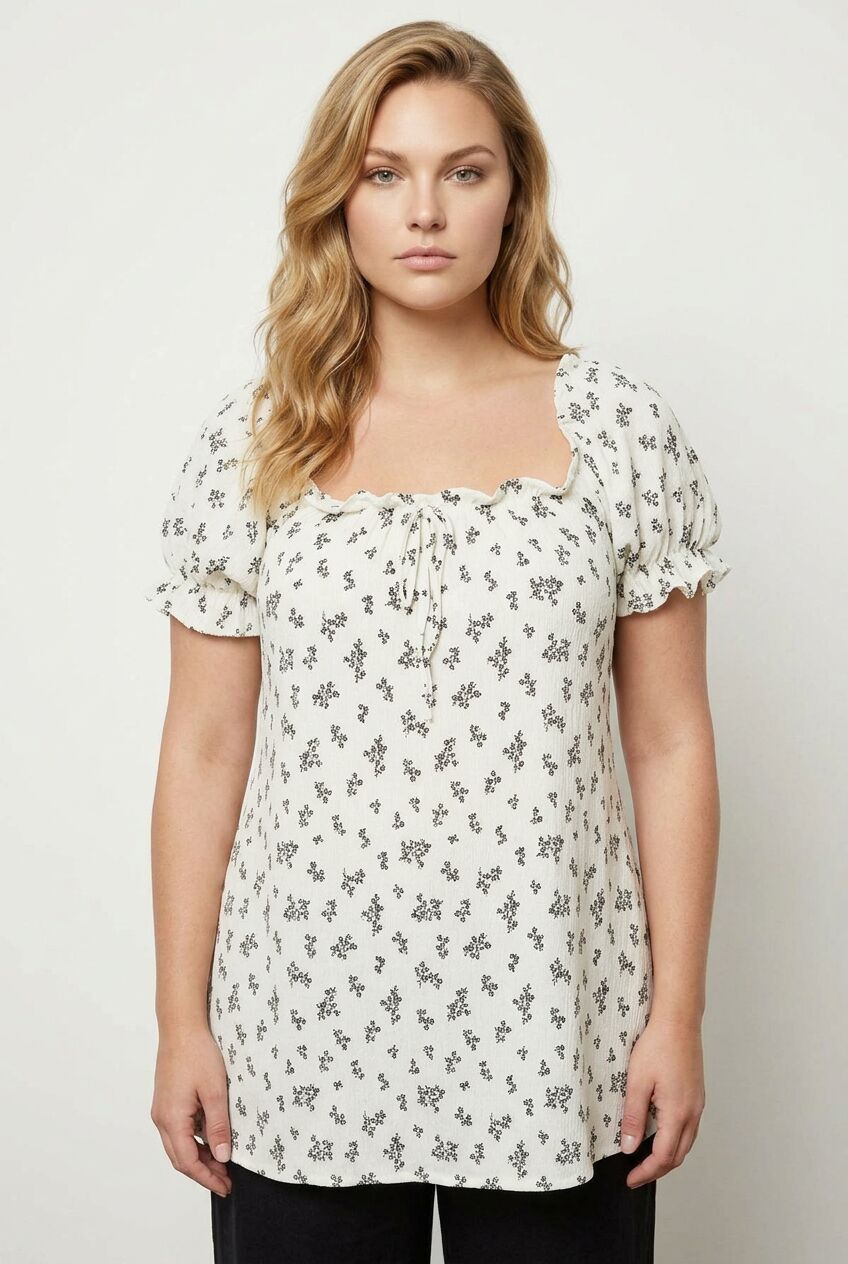 Floral Patterned Textured Ruffled Blouse