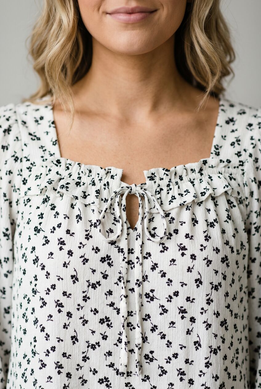 Floral Patterned Textured Ruffled Blouse
